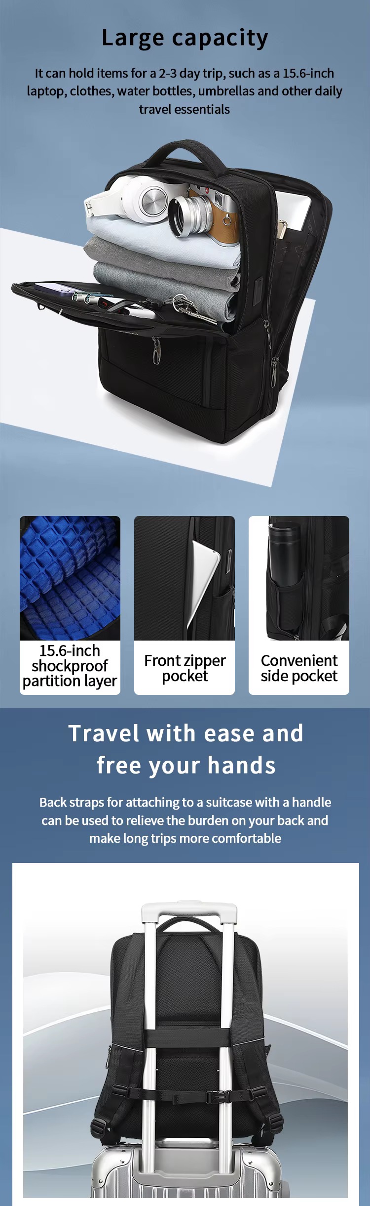 large capacity interior packed with headphones camera clothing and laptop