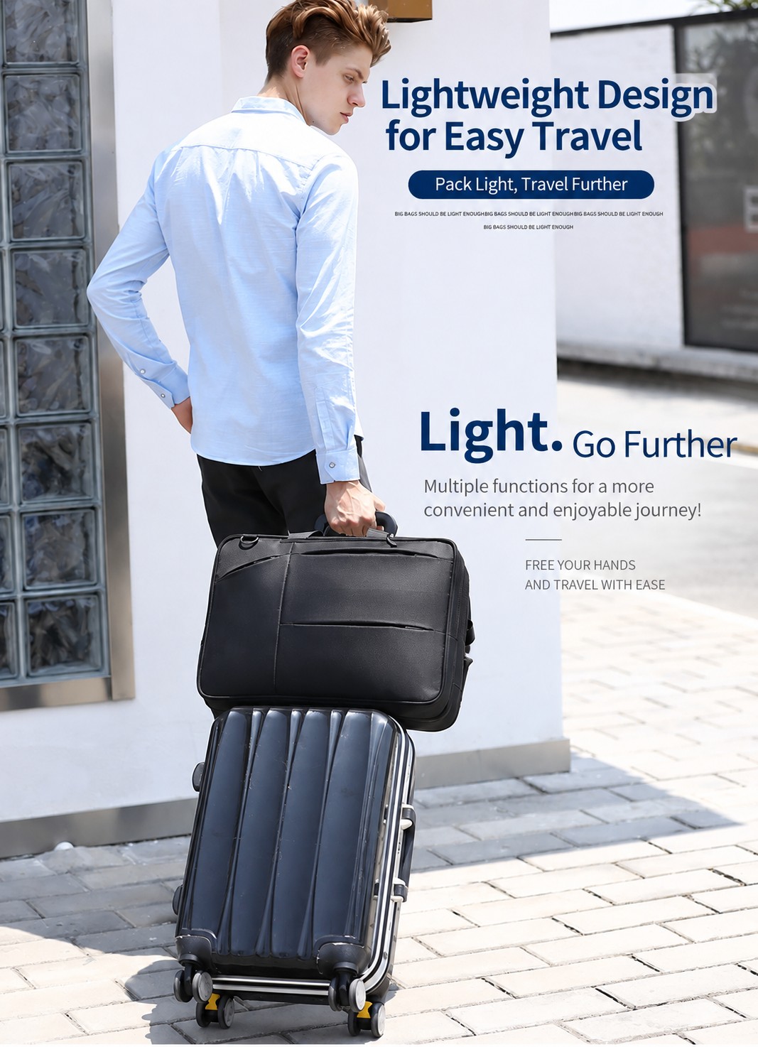 attached to rolling suitcase handle for hands-free travel