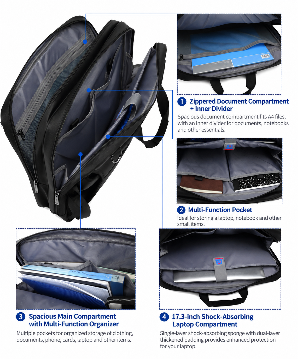 interior zippered document compartment with inner divider and shock-absorbing laptop sleeve