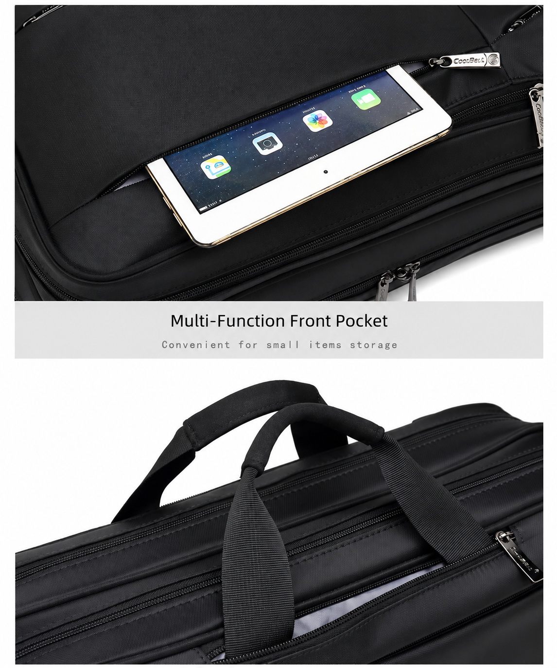 multi-function front pocket holding tablet and carry handles close-up