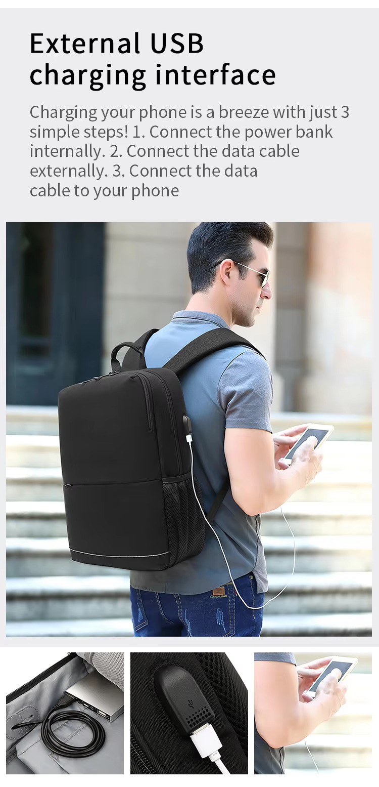 worn on back with phone charging via external USB port