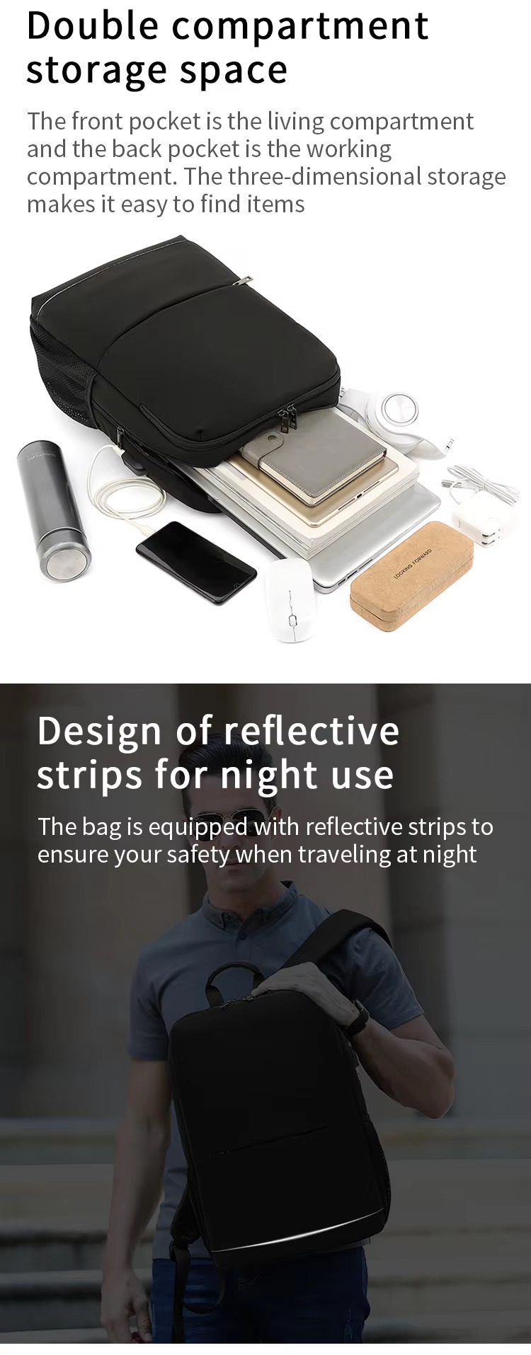 front and back pocket double compartment storage with packed items