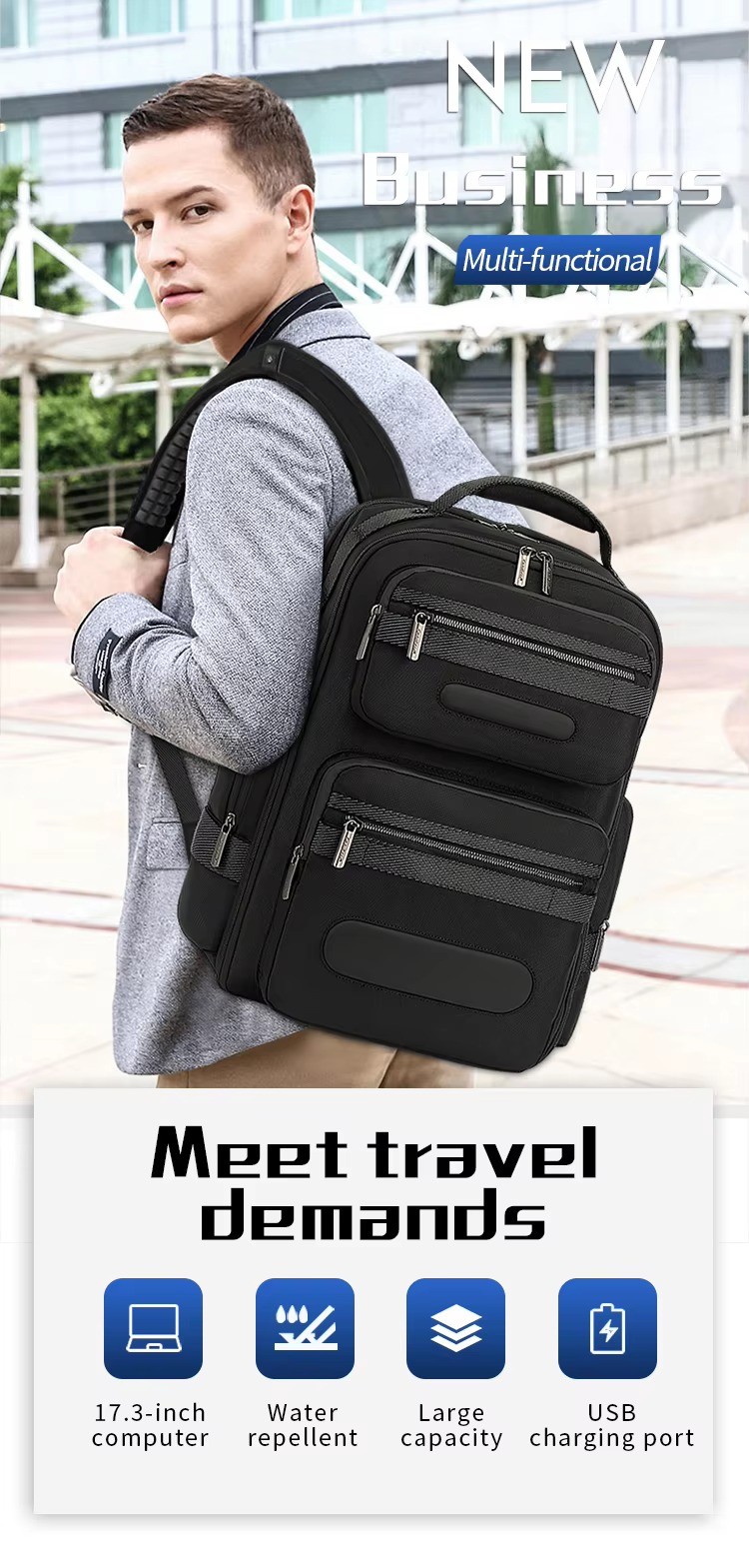 worn on back with textured handle and multi-pocket front panels