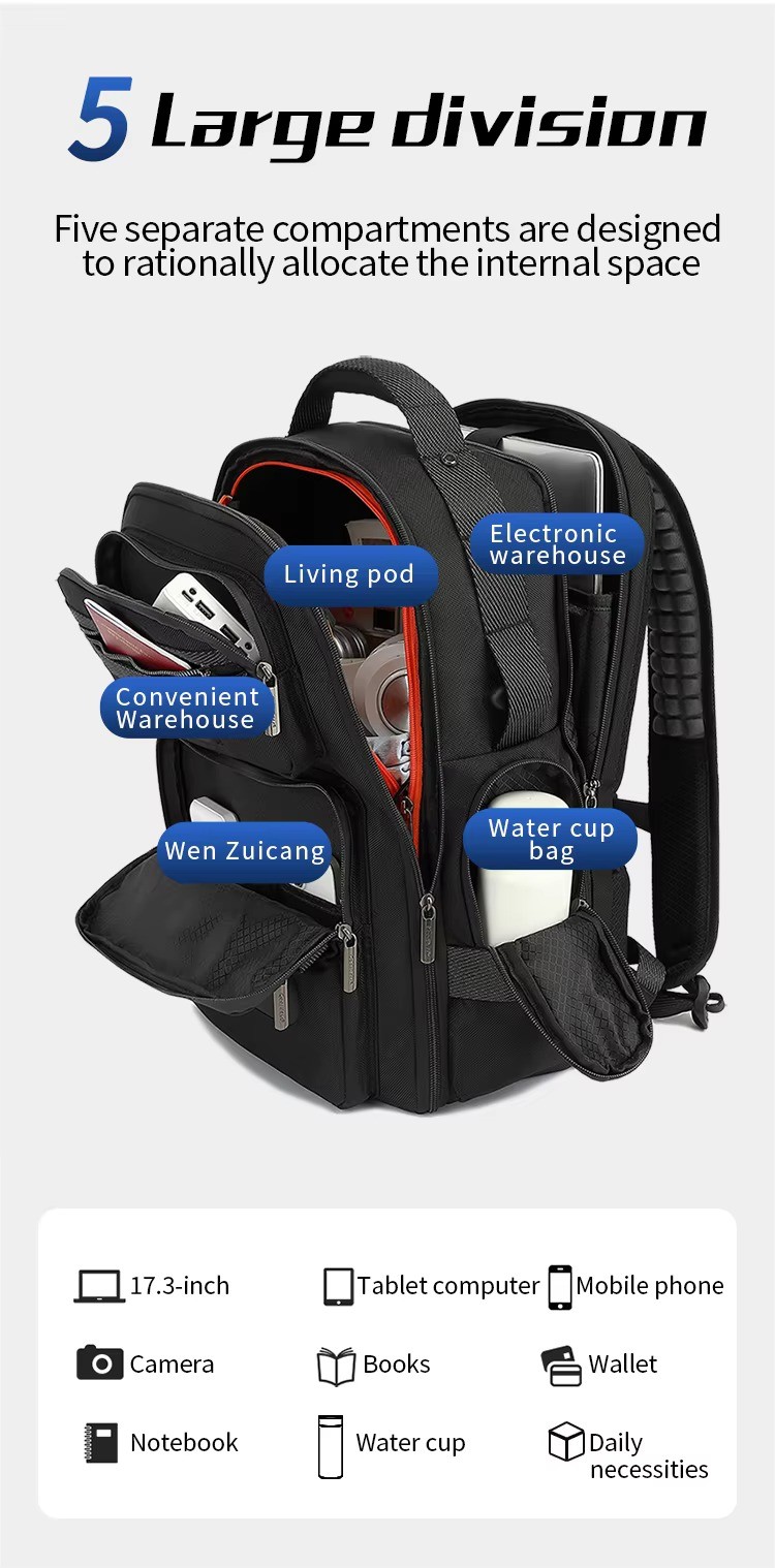 five separate compartments labeled living pod electronic warehouse and water cup bag