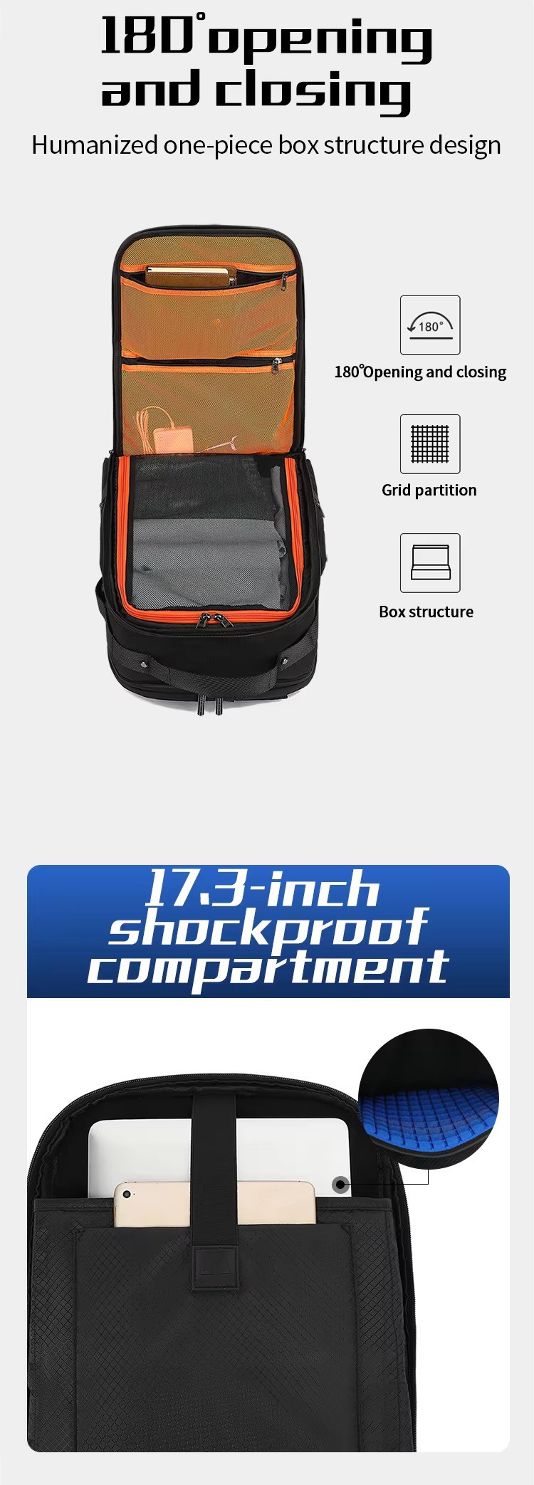 180-degree box opening with grid partition and shockproof laptop compartment