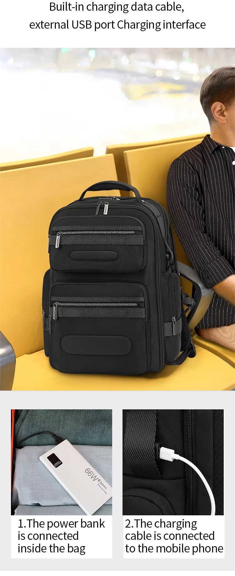 worn on back with phone charging via built-in USB cable and power bank