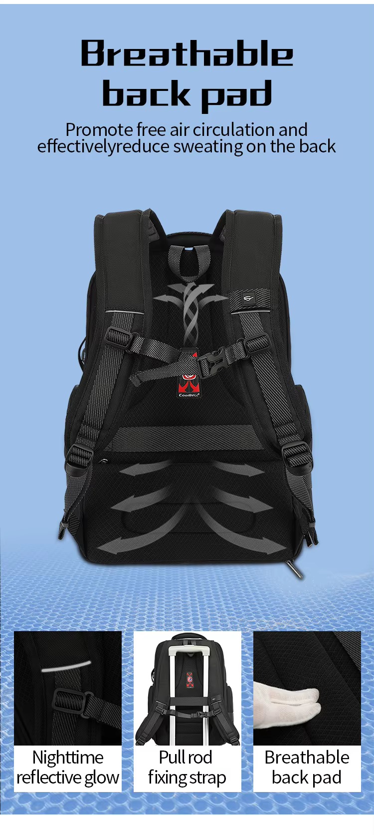 breathable mesh back panel with reflective strip and pull-rod fixing strap