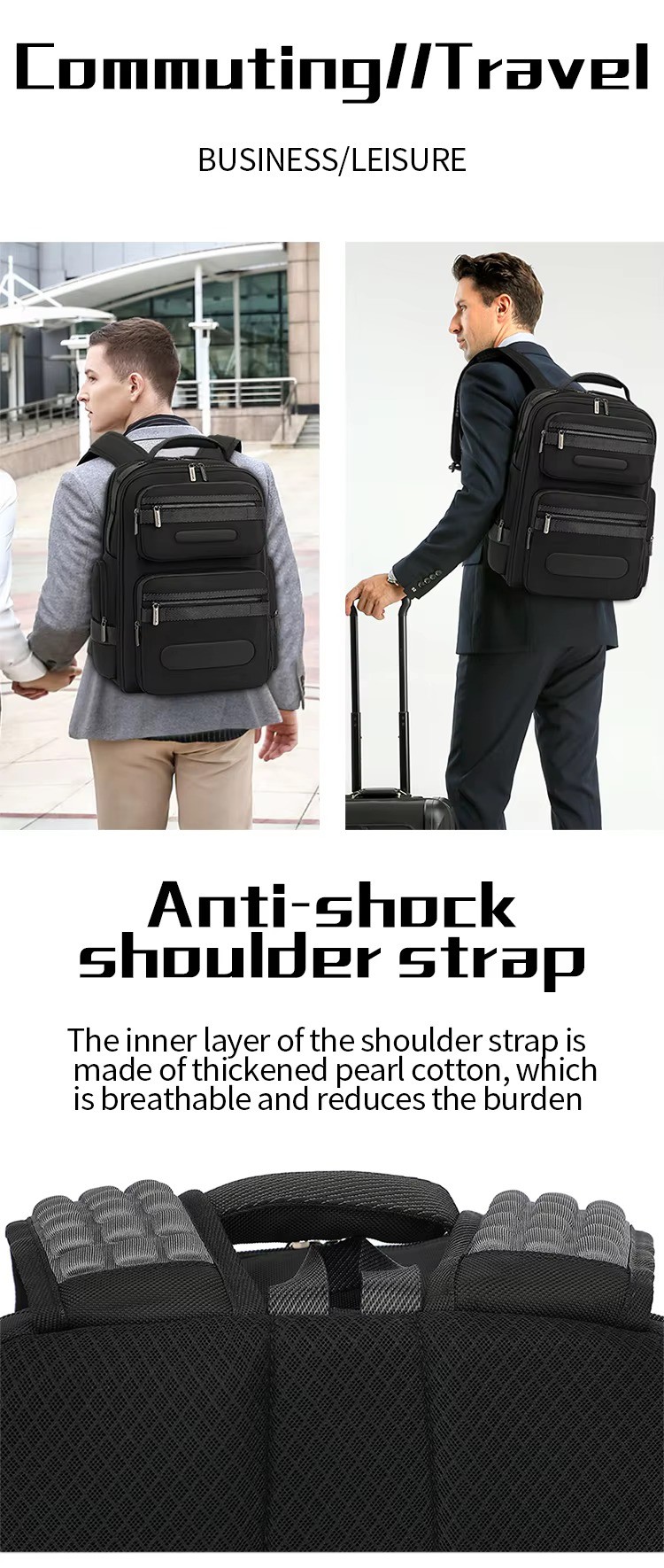 worn commuting and attached to rolling suitcase handle in business setting