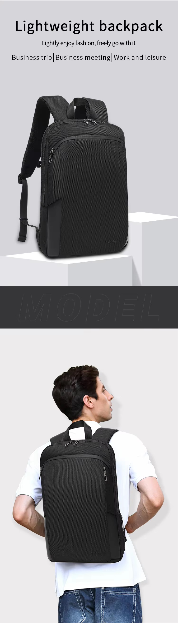 slim lightweight backpack worn on back front view