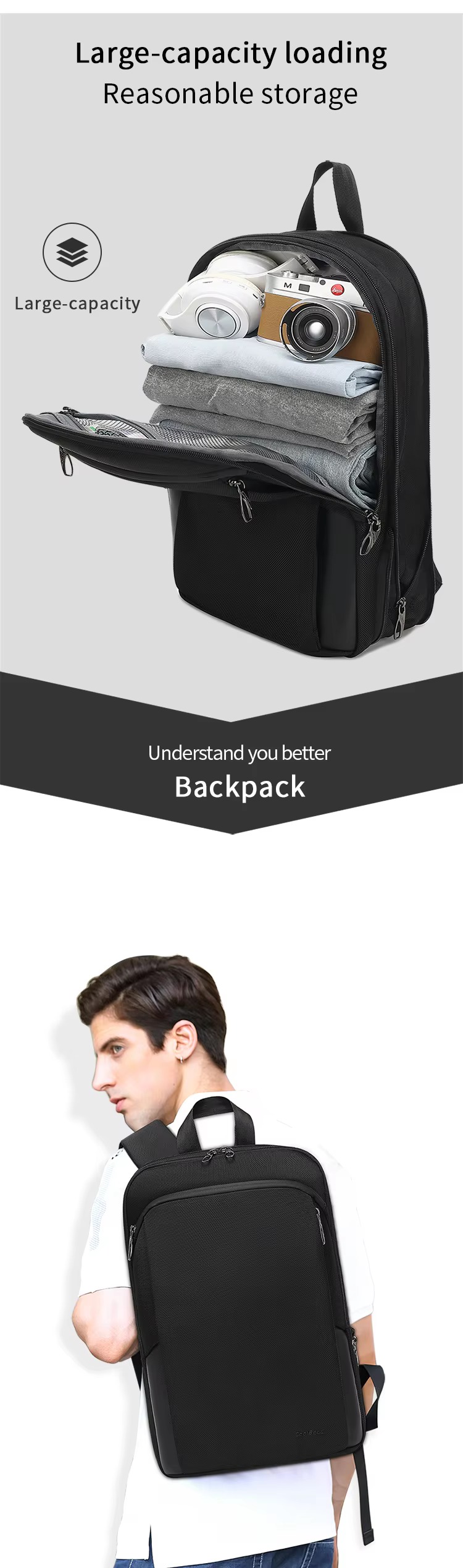 large capacity interior packed with headphones camera and folded clothing