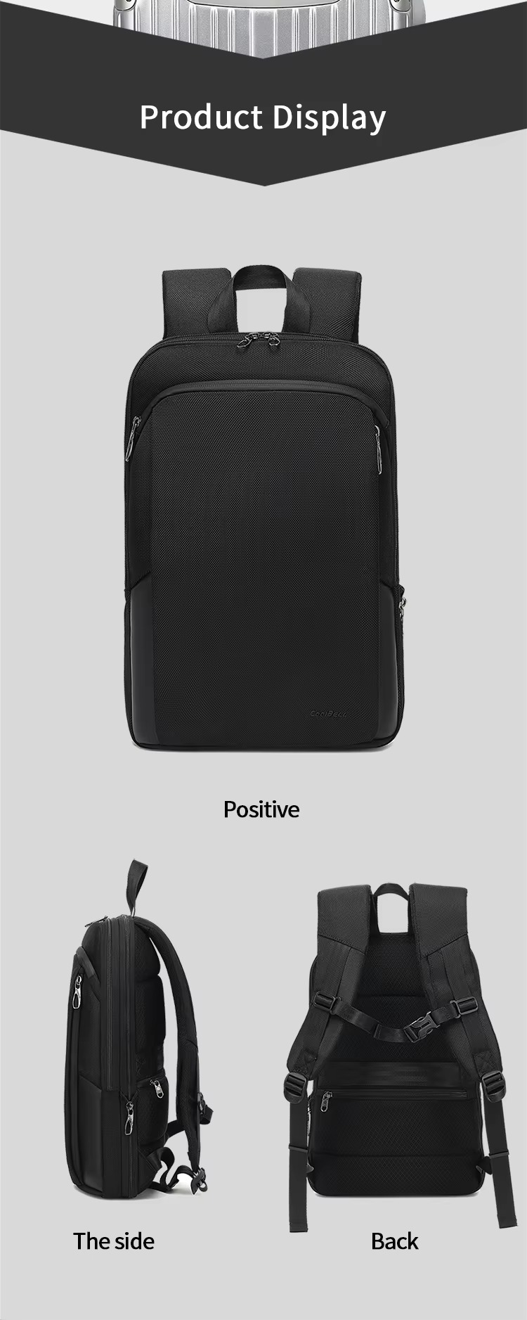 breathable mesh back panel and pull-rod strap mounted on rolling suitcase