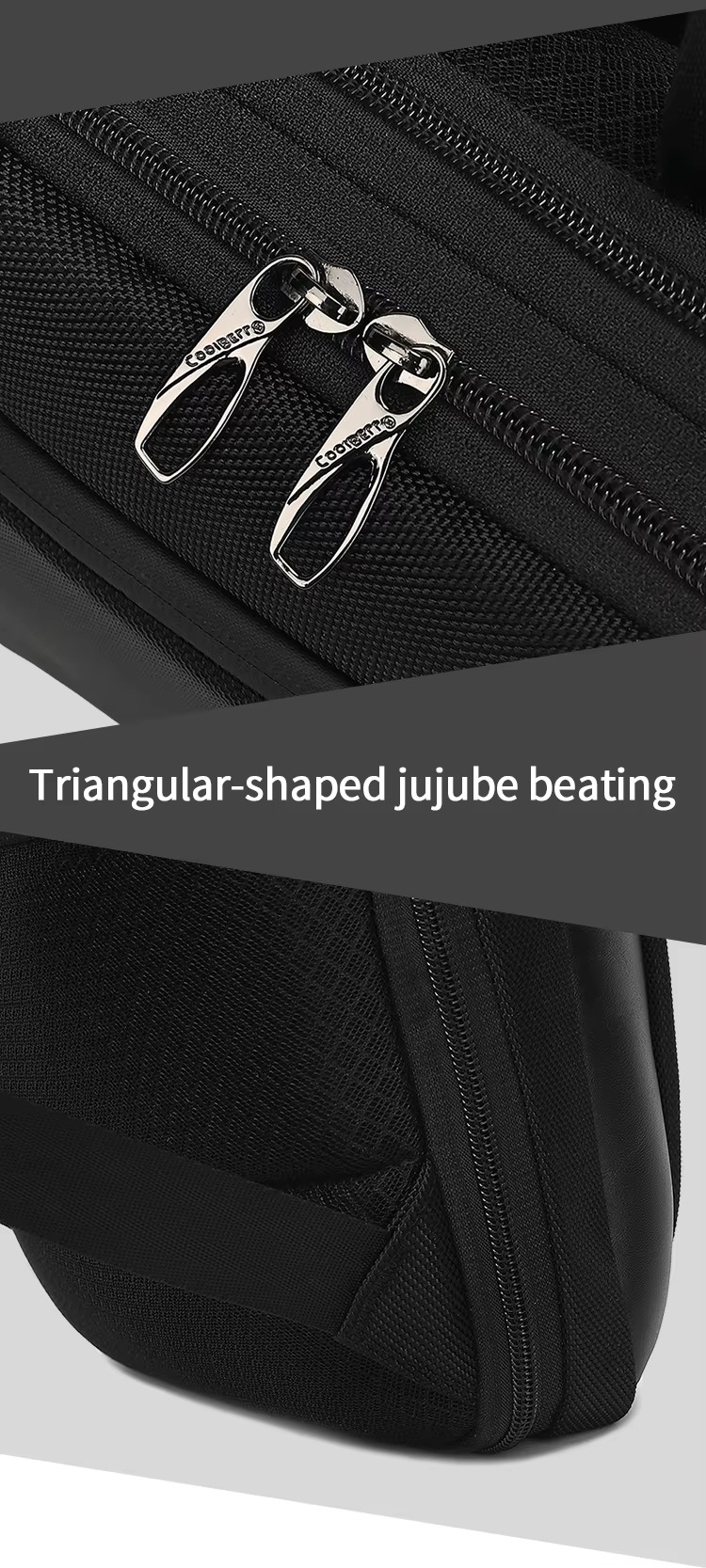 comfortable handle brand logo and double-sided metal zipper pull close-up