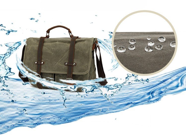 front view of khaki canvas messenger bag with reinforced top handle