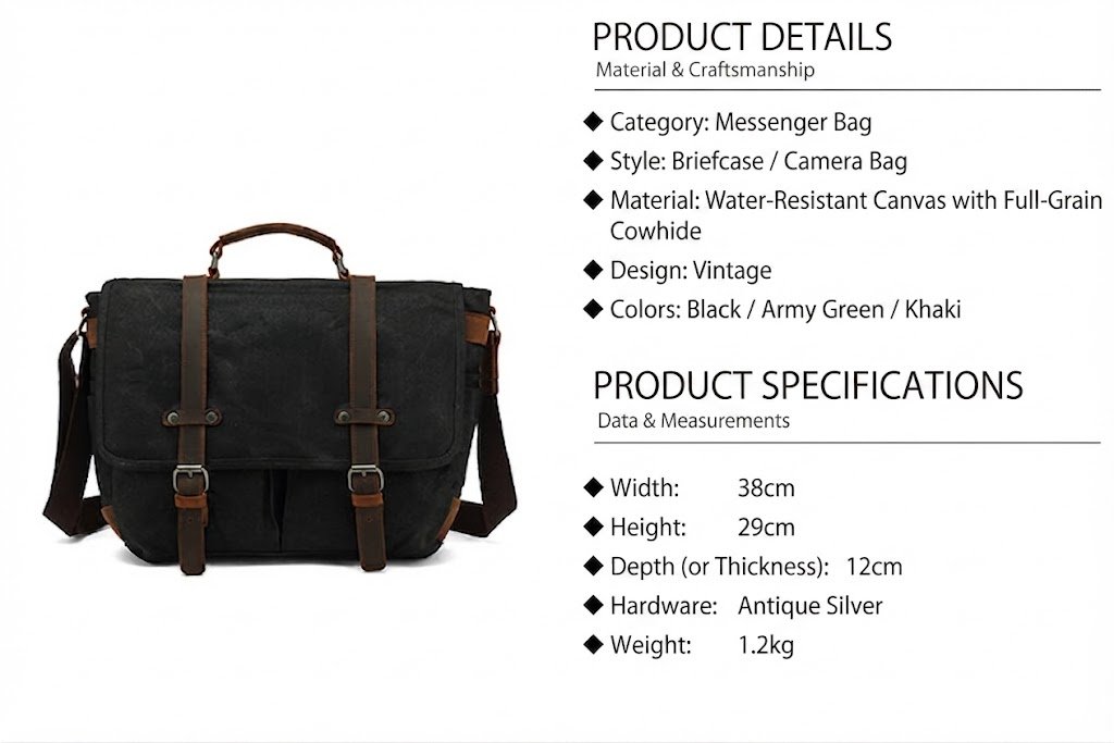 product specification graphic listing material colors size and hardware