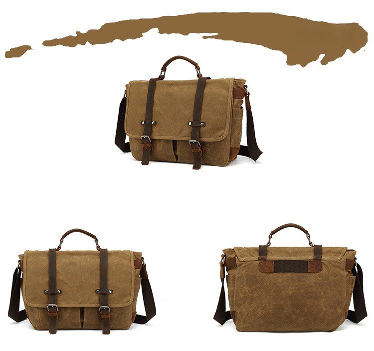 three-quarter front and back views of khaki messenger bag