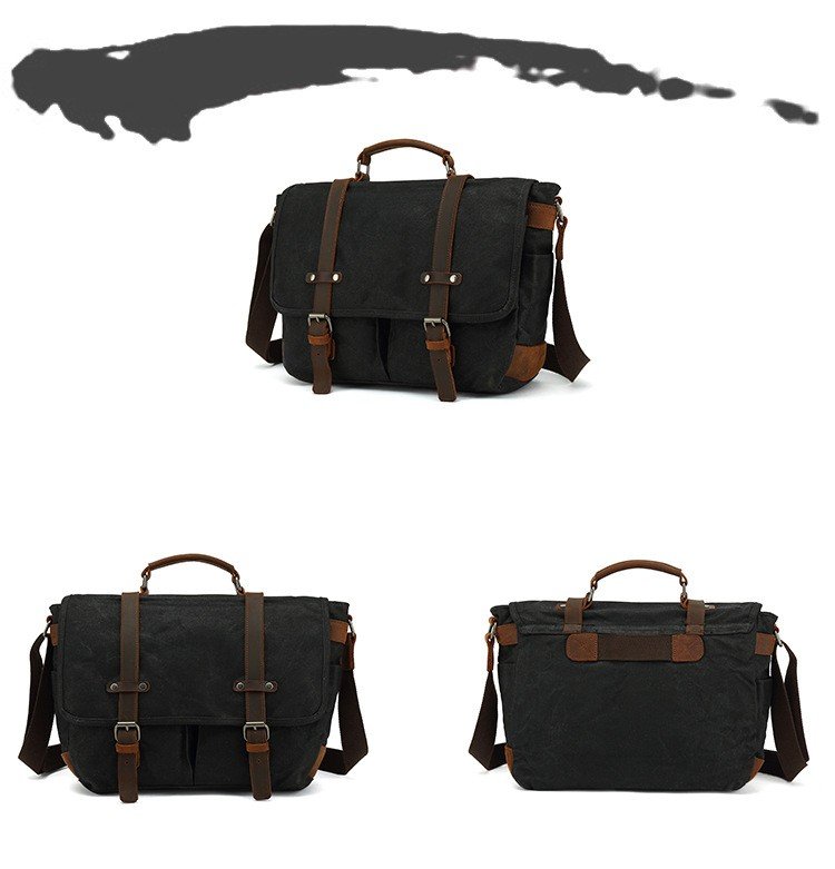 three-quarter front and back views of black messenger bag