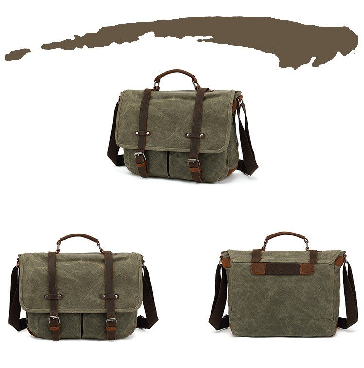 three-quarter front and back views of army green messenger bag