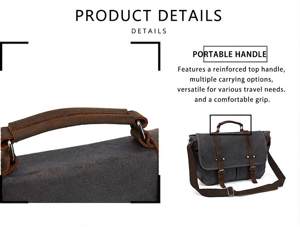 close-up of reinforced leather top handle with rivets