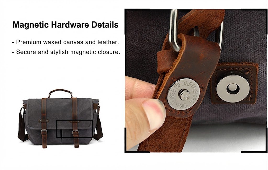close-up of magnetic snap closure hardware on leather tab