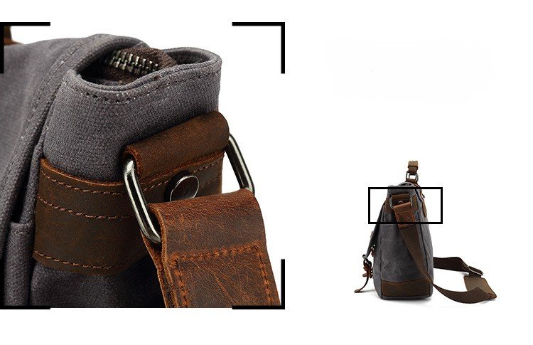 close-up of leather-wrapped strap ring and canvas back panel