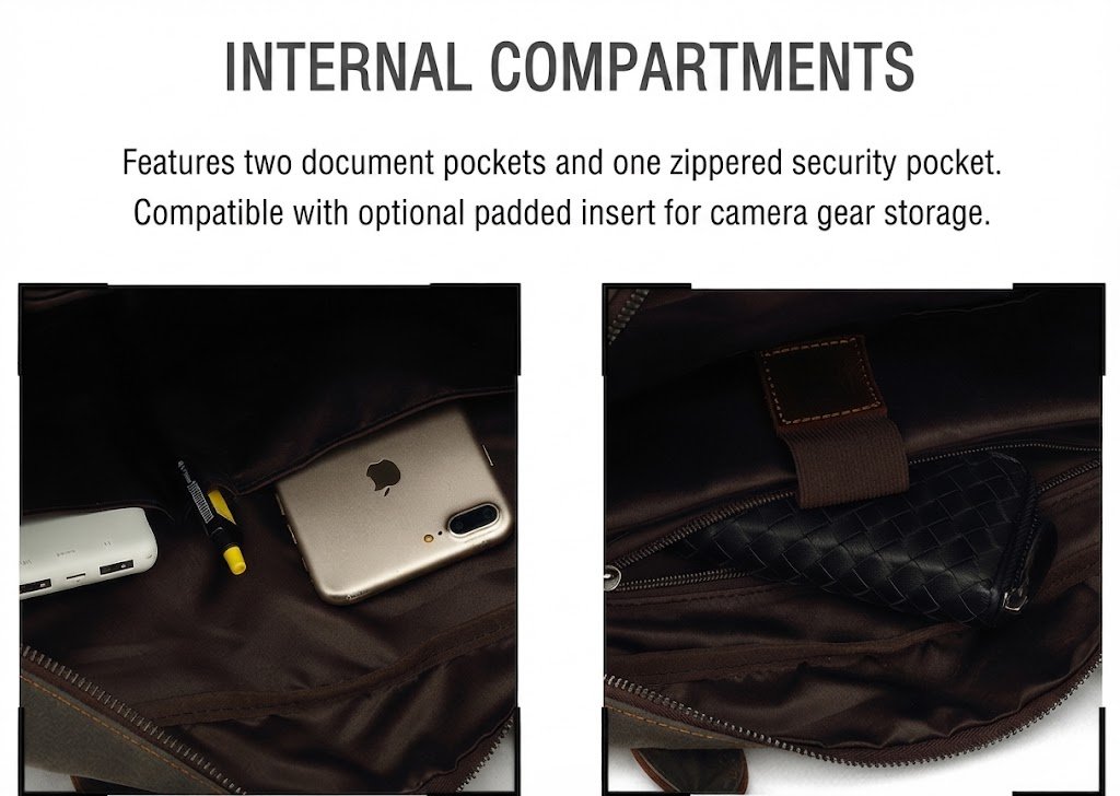 interior document pocket holding phone and power bank plus zippered security pocket