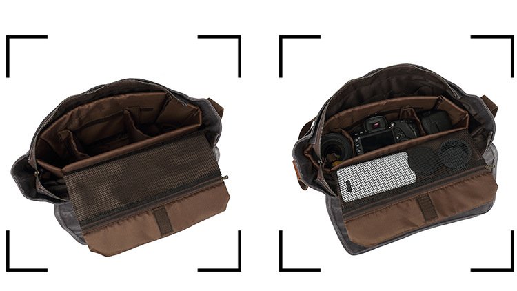 interior padded camera compartment with adjustable dividers holding camera and lenses