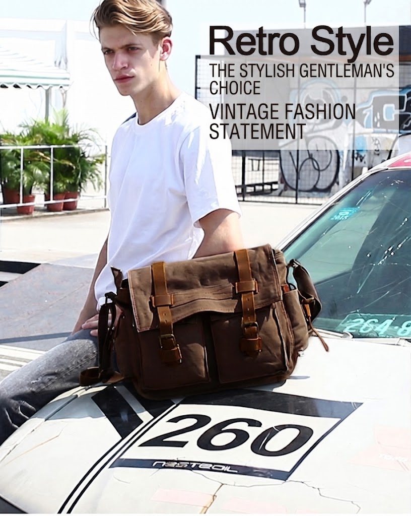collage of street-style outfits with brown canvas messenger bag and retro design description
