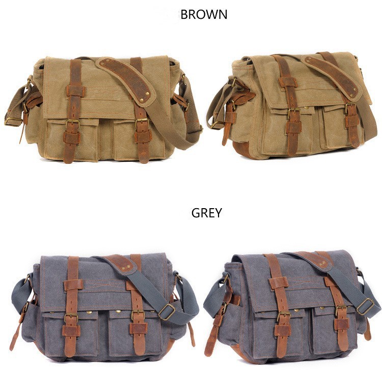 front view of dark brown canvas bag with dual buckle pockets