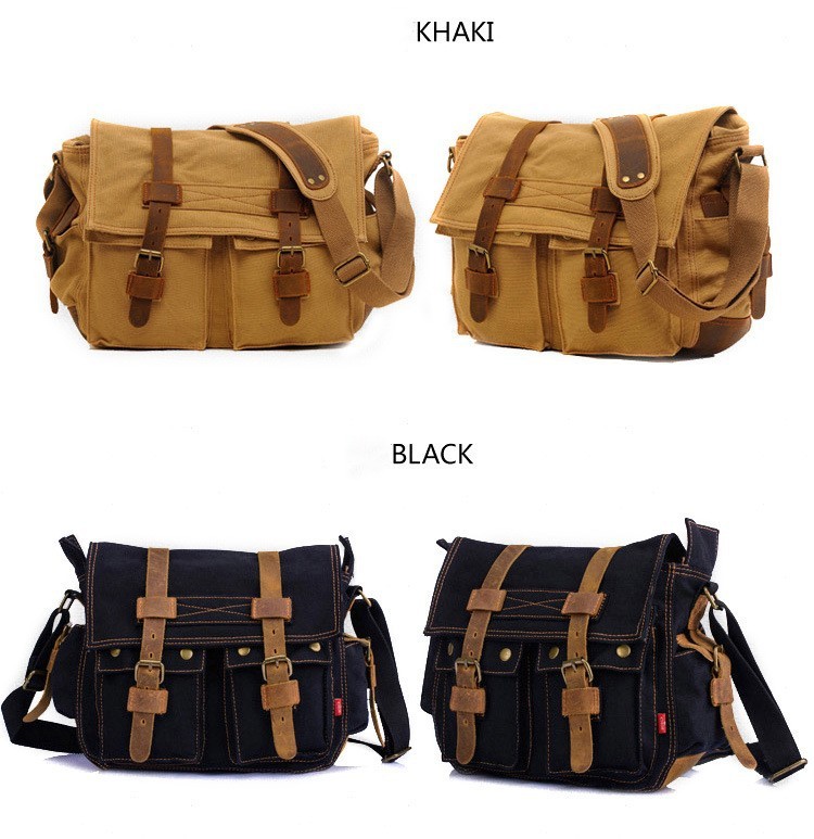 three-quarter angle view of dark brown canvas bag