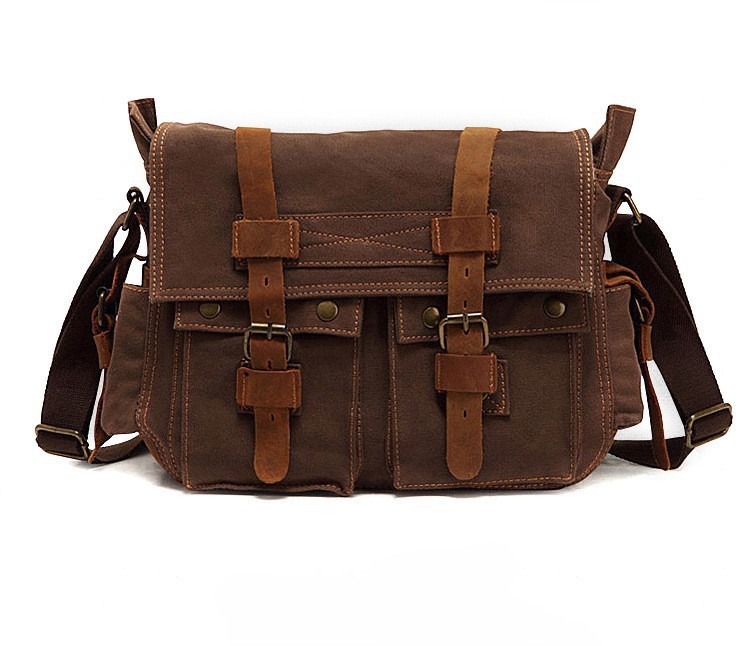 back and bottom view of dark brown canvas bag showing base panel