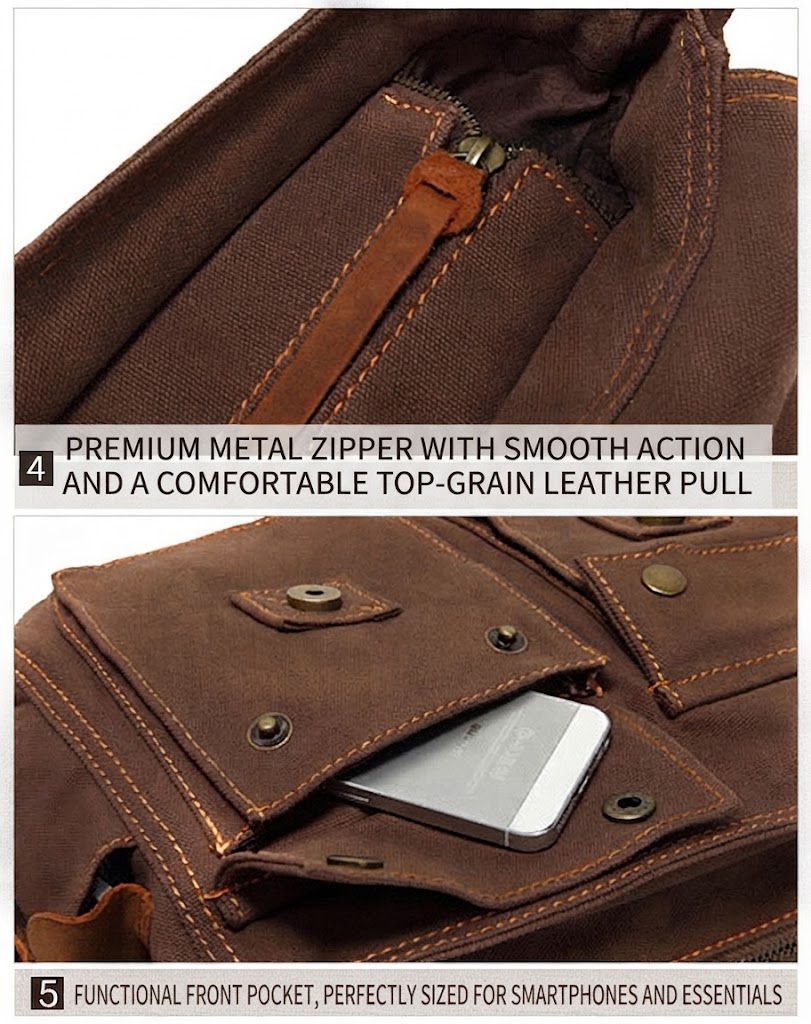 close-up of metal zipper with leather pull tab on interior pocket