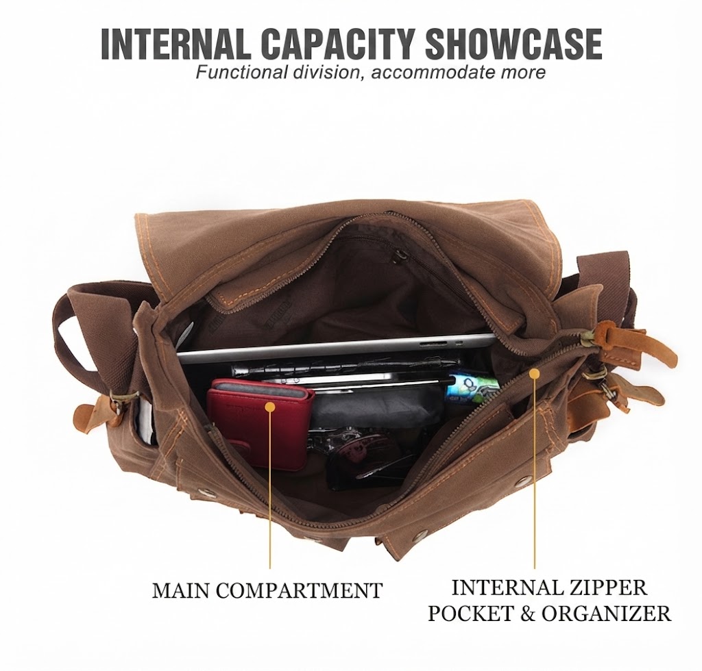 overhead view of interior main compartment holding a laptop wallet and sunglasses with labeled internal zipper pocket