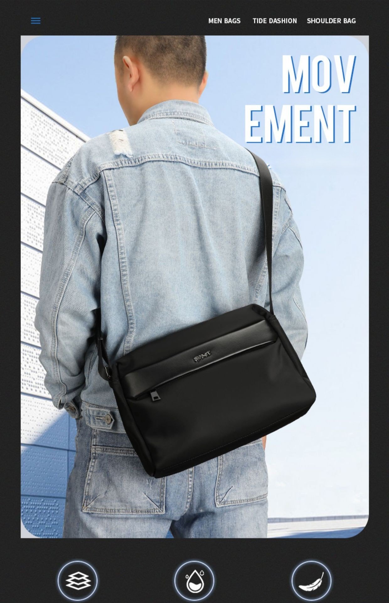 man wearing black bag crossbody from behind with feature icon row
