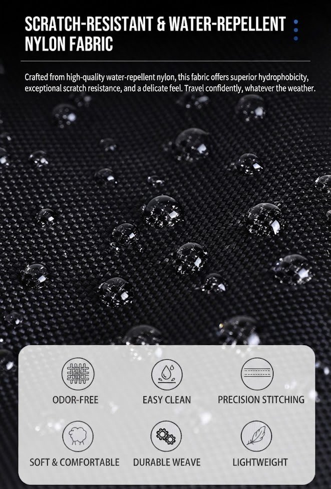 close-up of water droplets beading on scratch-resistant nylon fabric