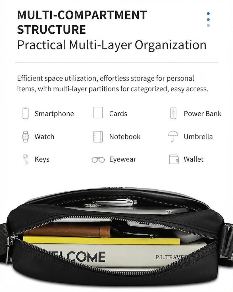 multi-compartment structure graphic with bag interior packed with notebook and pen