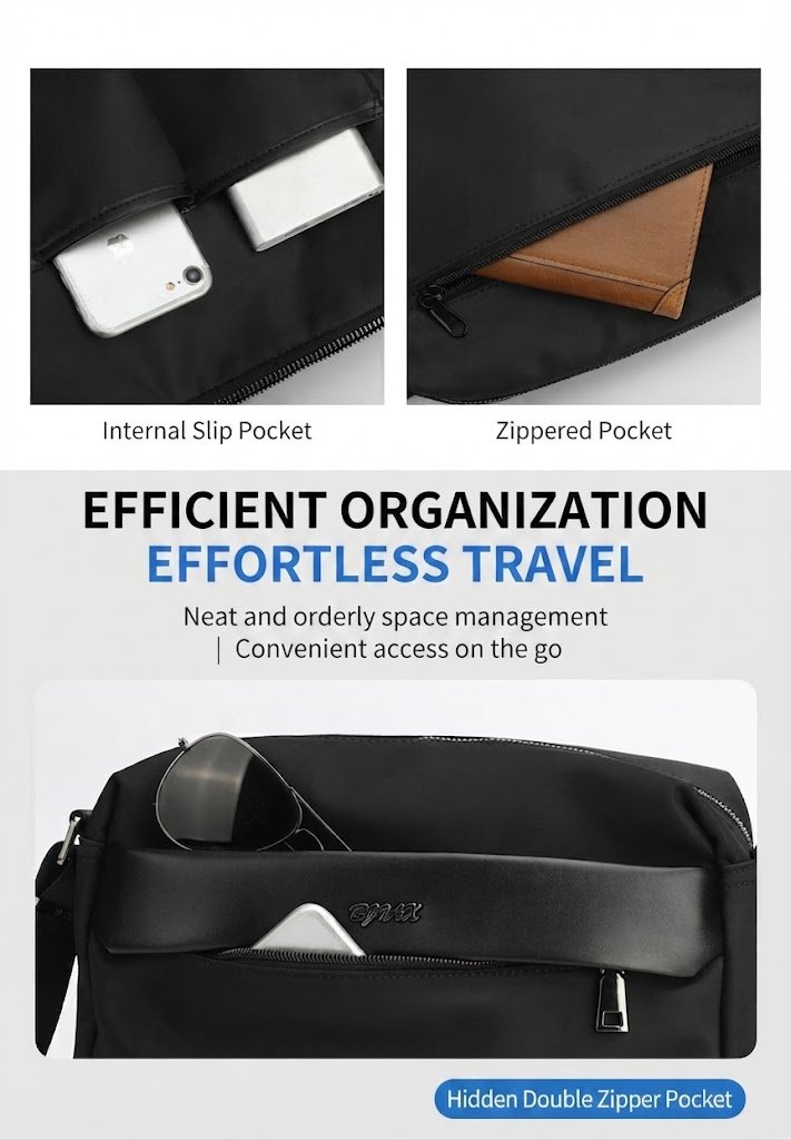 close-up of internal slip pocket and zippered interior pocket holding phone and card