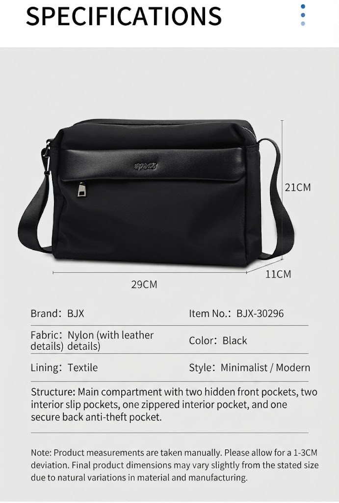 specification graphic listing brand fabric color lining style and interior structure