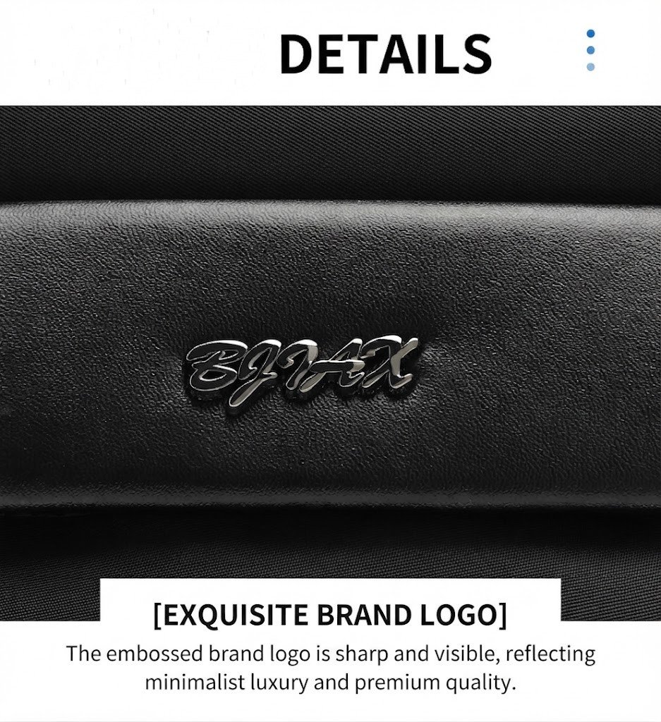 close-up of embossed brand logo on leather handle