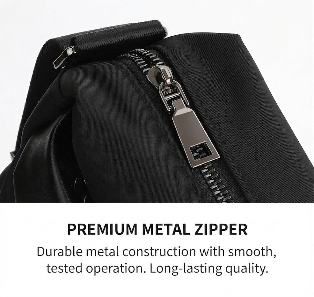close-up of premium metal zipper pull and slider