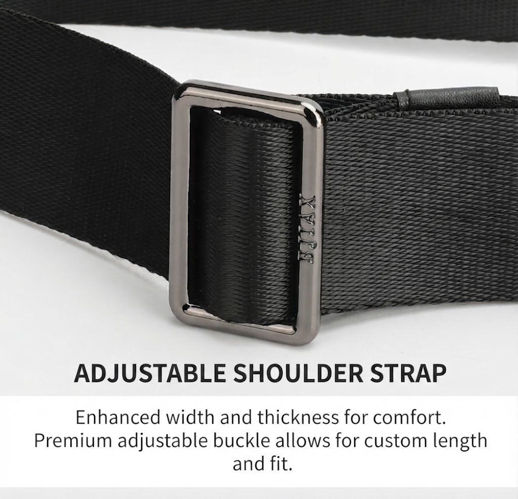 close-up of adjustable shoulder strap buckle hardware