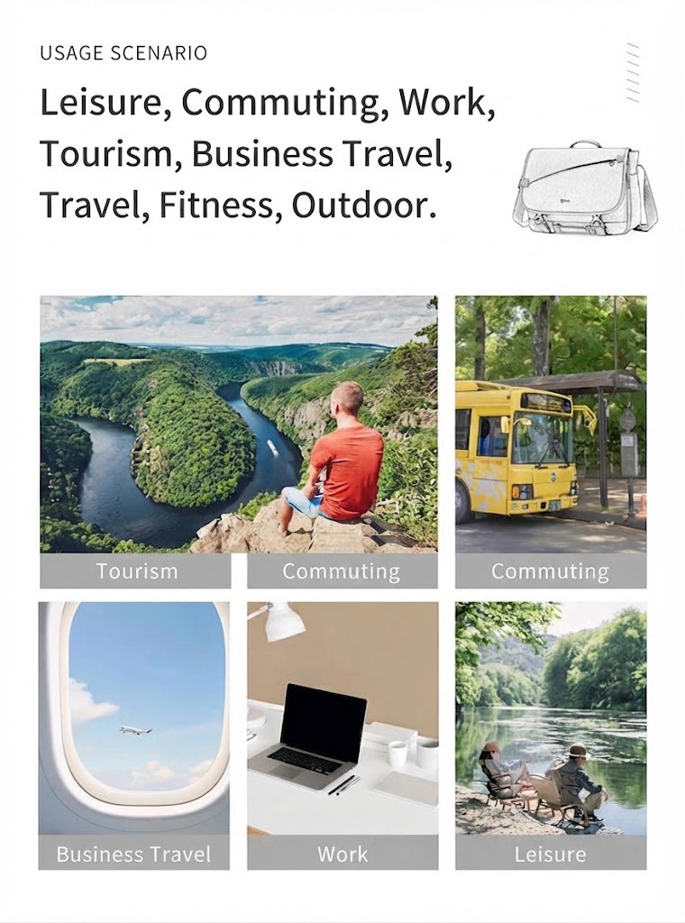 usage scenario collage showing leisure commuting travel work and outdoor icons