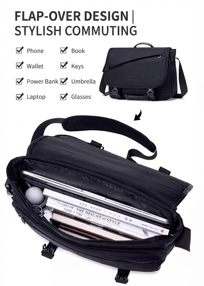 open bag interior with checklist of items it holds including laptop and umbrella