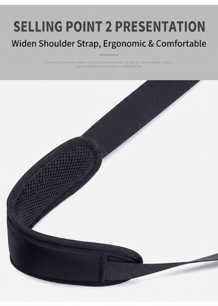 close-up of widened ergonomic mesh-padded shoulder strap