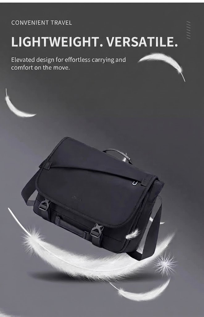 black bag with white feathers illustrating lightweight design
