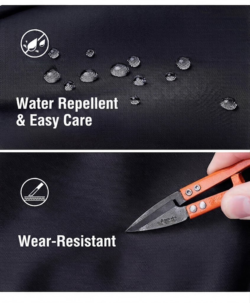 close-up of water droplets and scissors demonstrating water-repellent wear-resistant fabric