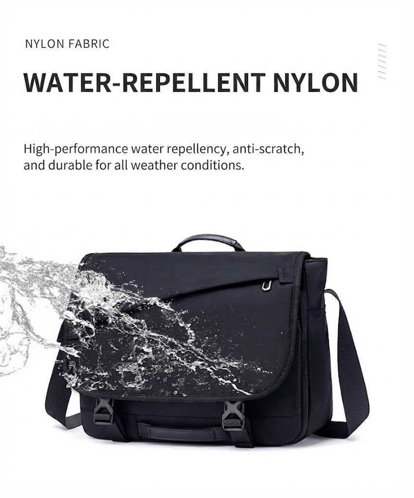 water splashing across bag flap demonstrating water-repellent nylon