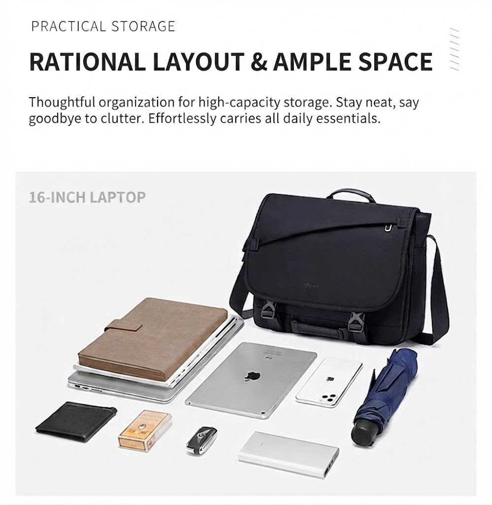 bag shown with a 16-inch laptop notebook tablet phone umbrella wallet and power bank
