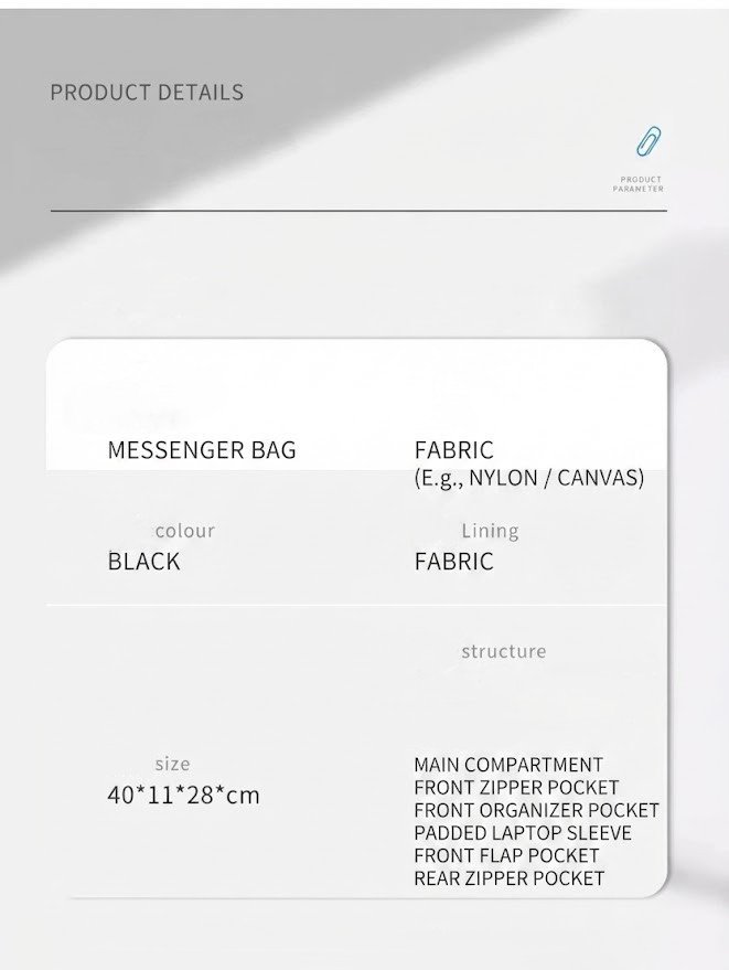 product specification table listing fabric color size and compartment structure