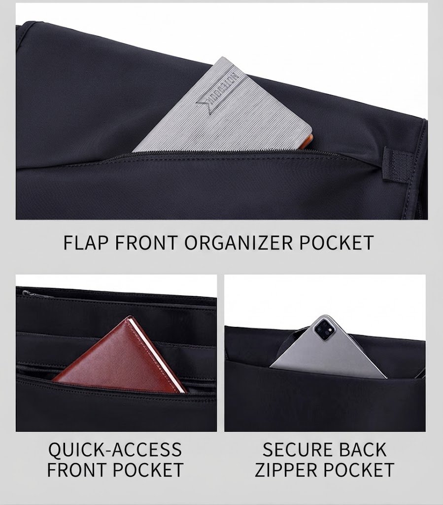 three close-ups of flap organizer pocket quick-access pocket and secure back pocket