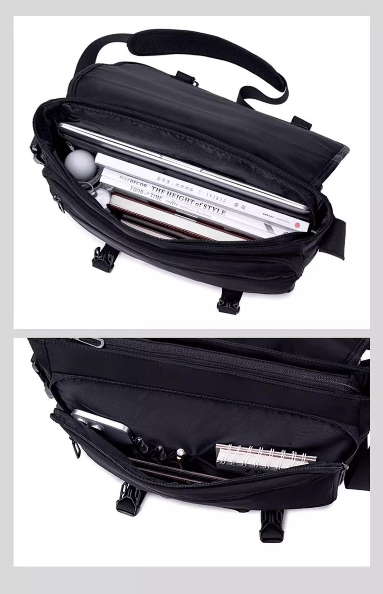 interior packed with laptop notebook and ball plus front organizer holding phone and notebook